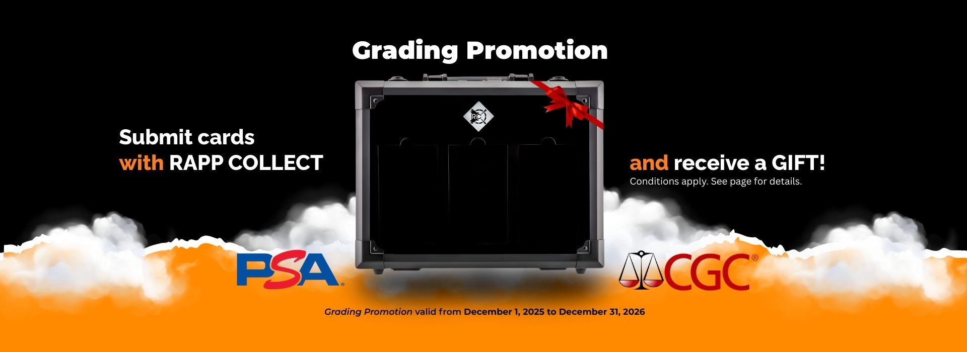 Promotional banner for grading promotion with PSA and CGC logos.